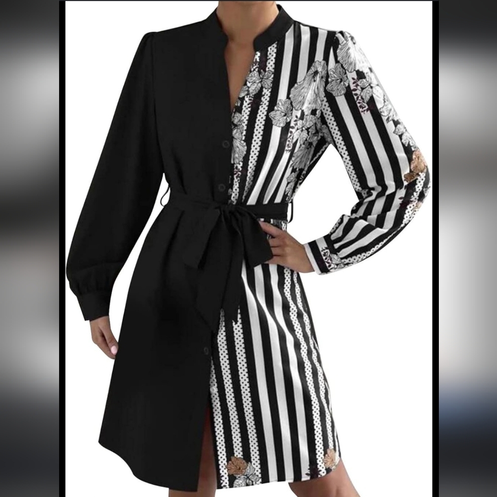 Chic Monochrome Long Sleeve Dress - Picture 3 of 8